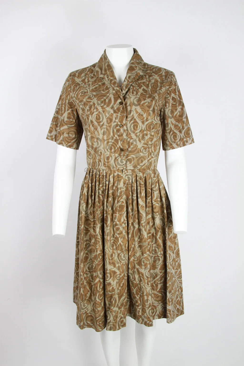 50s cotton short sleeve dress - Brown swirl pattern - S