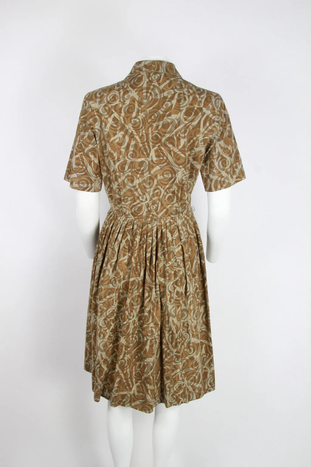 50s cotton short sleeve dress - Brown swirl pattern - S