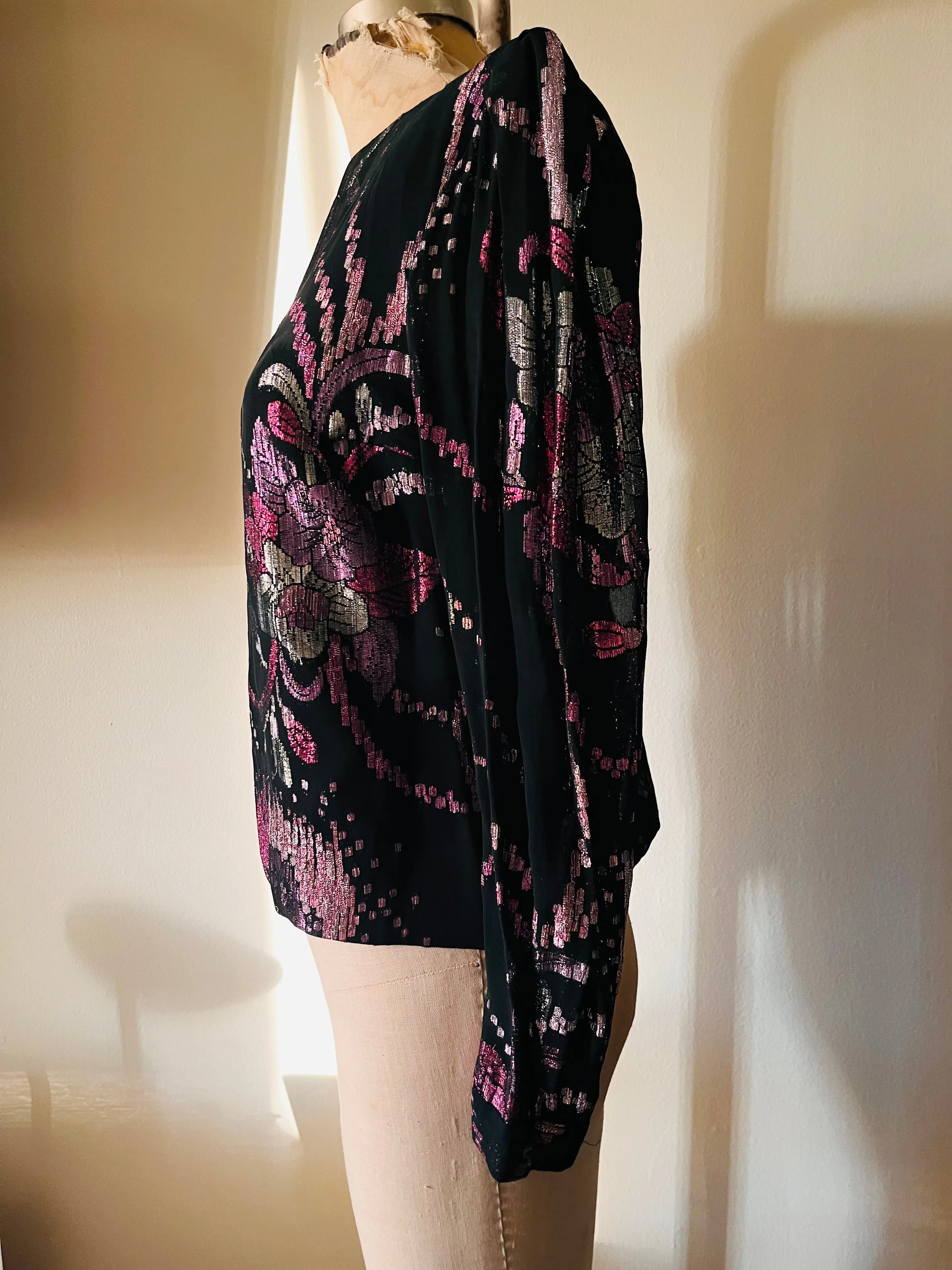 80s sheer black and pink metallic floral disco top