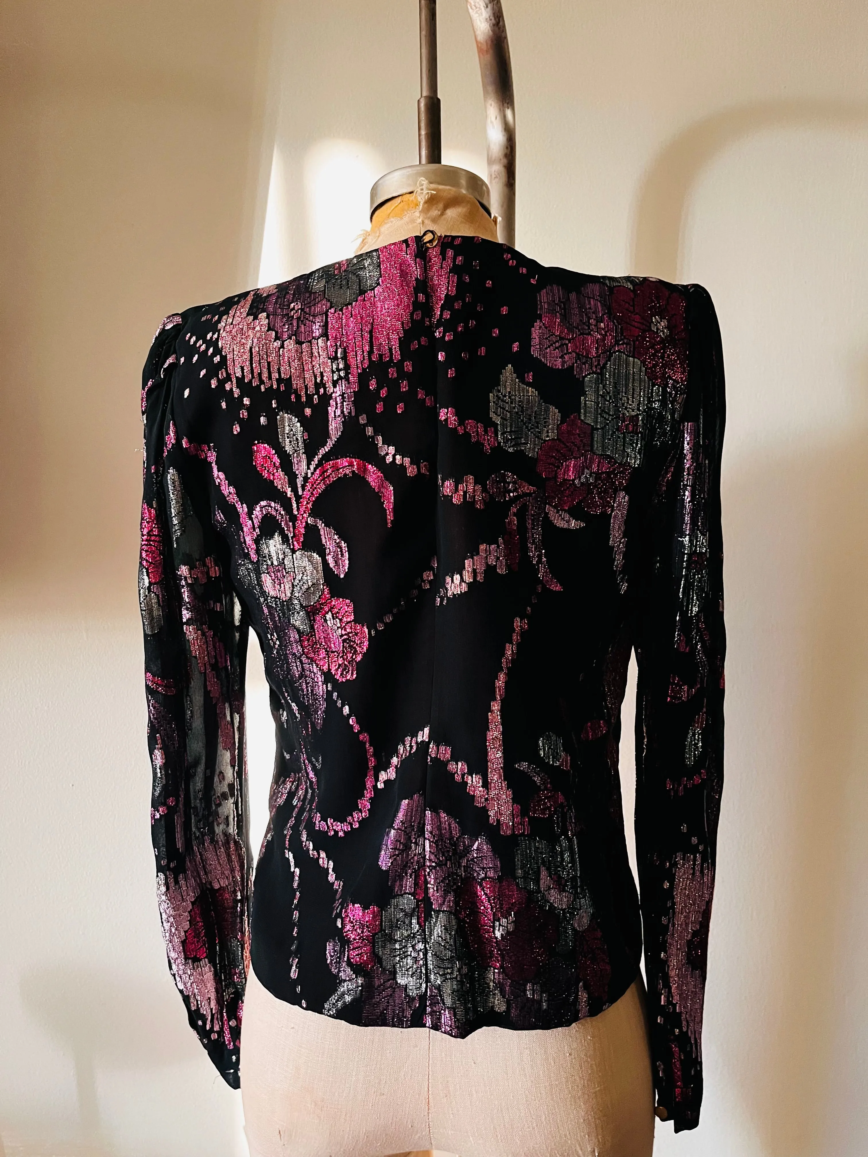 80s sheer black and pink metallic floral disco top