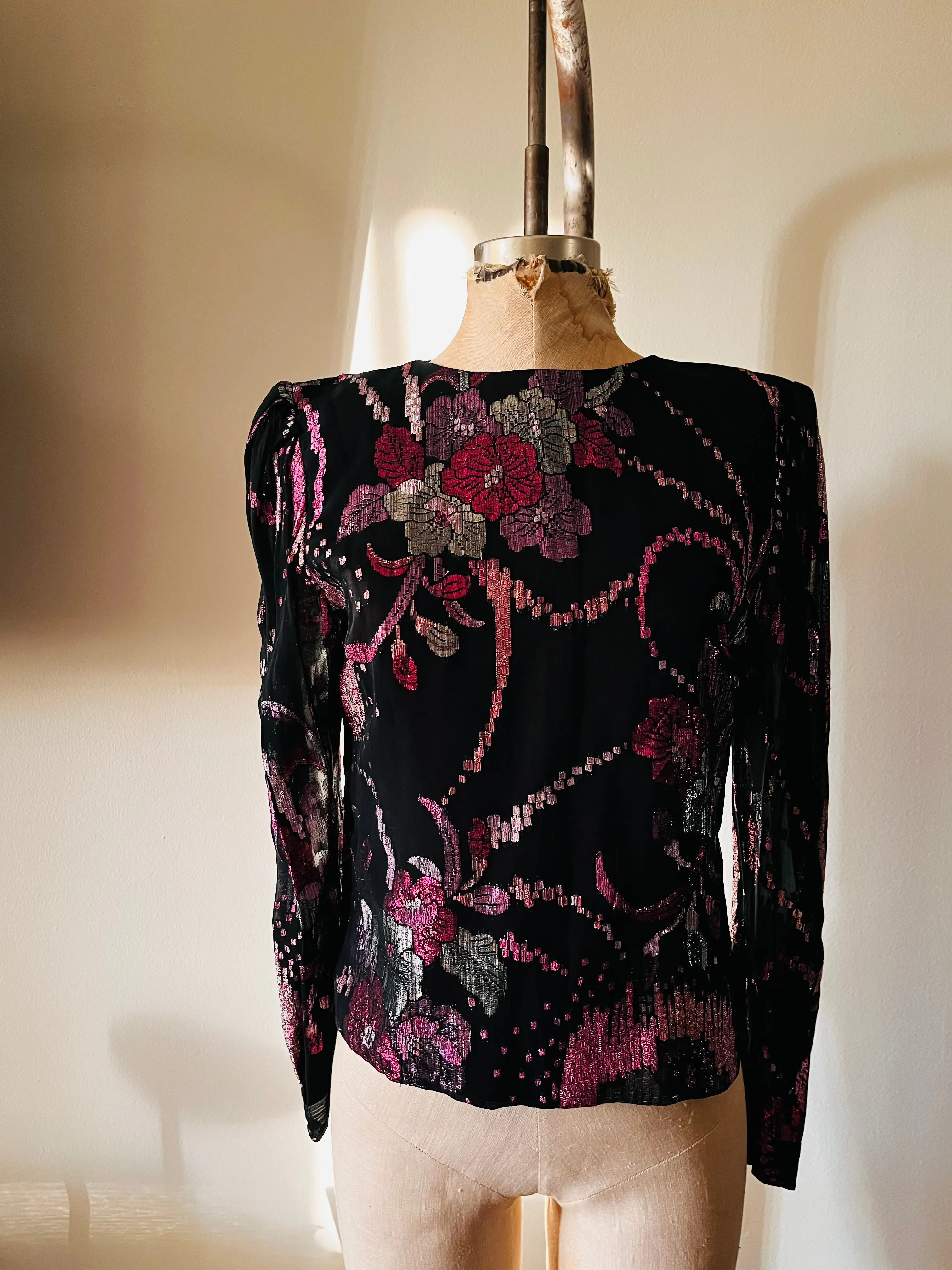 80s sheer black and pink metallic floral disco top