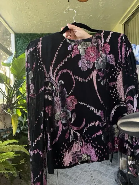 80s sheer black and pink metallic floral disco top