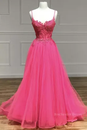 A Line Spaghetti Straps Beaded Pink Lace Long Prom Dress, Pink Lace Formal Dress, Pink Tulle Evening Dress