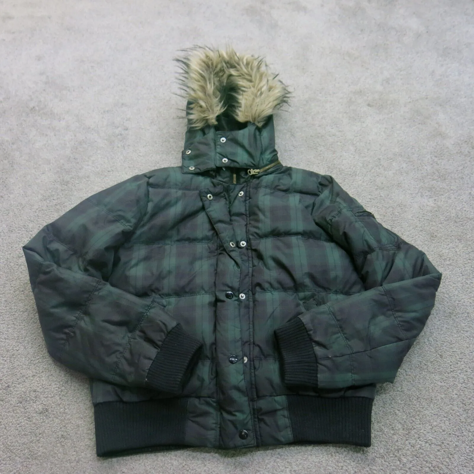 American Eagle Womens Plaid Puffer Hooded Jacket Faux Fur Authentic Green Medium