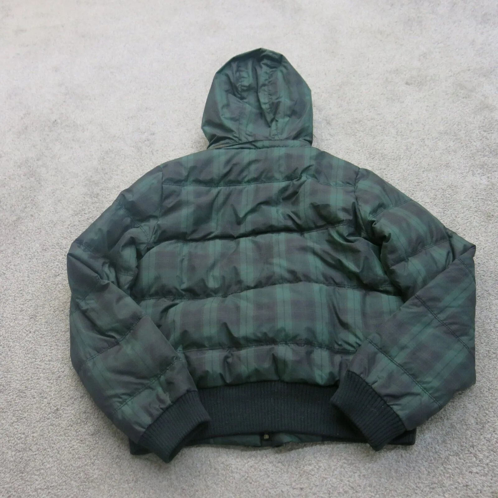 American Eagle Womens Plaid Puffer Hooded Jacket Faux Fur Authentic Green Medium