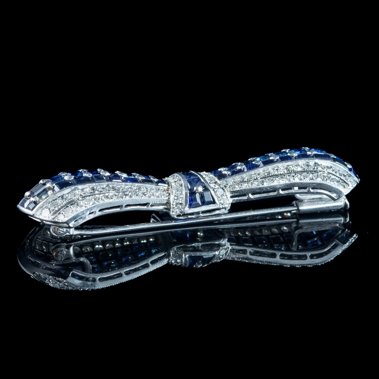 Art Deco Sapphire Diamond Bow Brooch Platinum