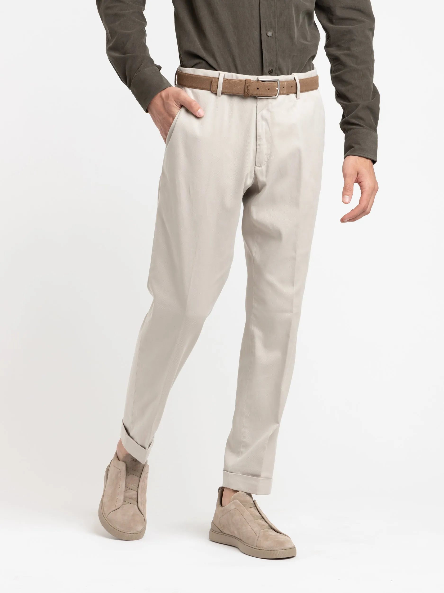 Beige Twill Cotton Blend Chinos