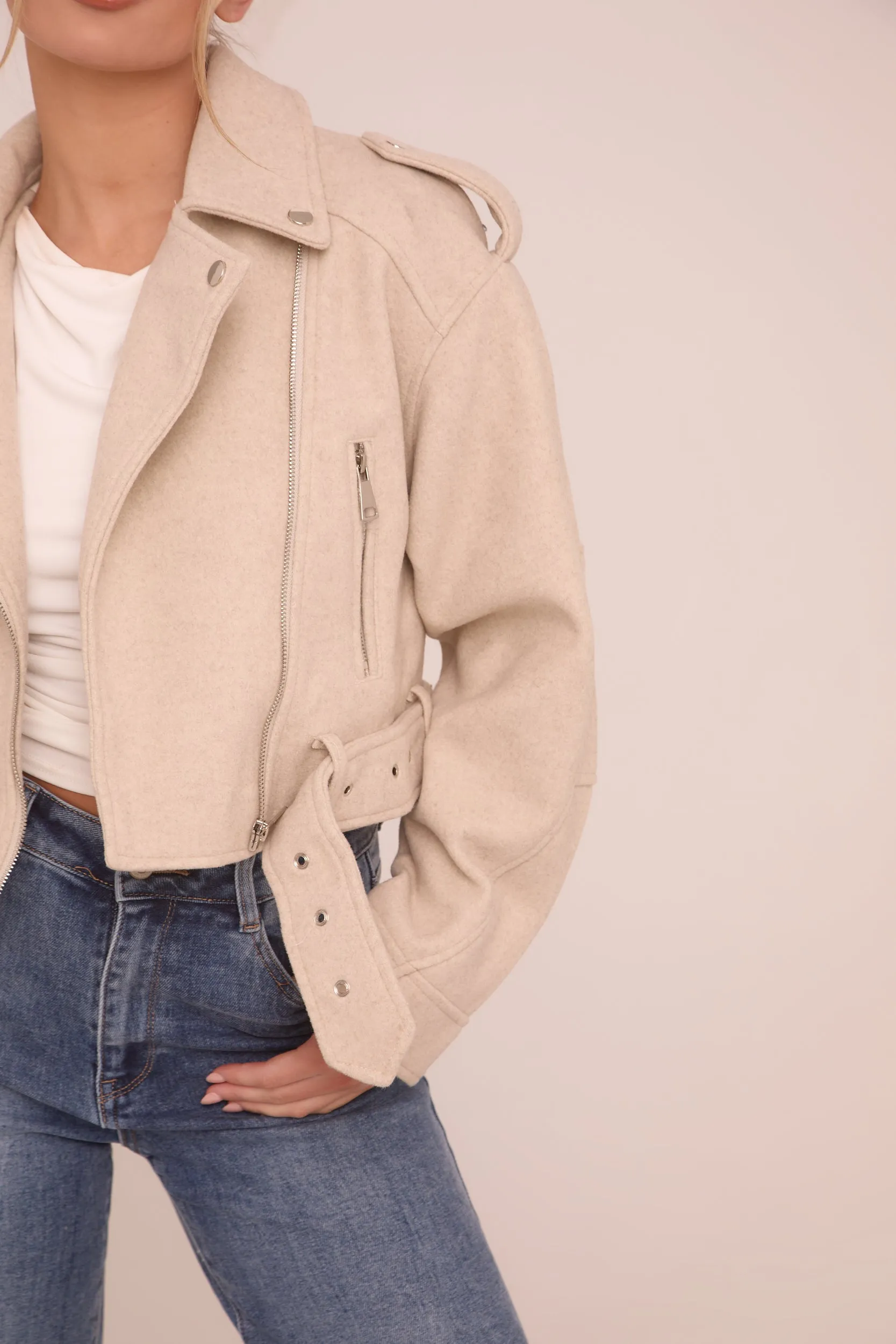 Beige Zip Detail Brushed Biker Jacket - Alisha