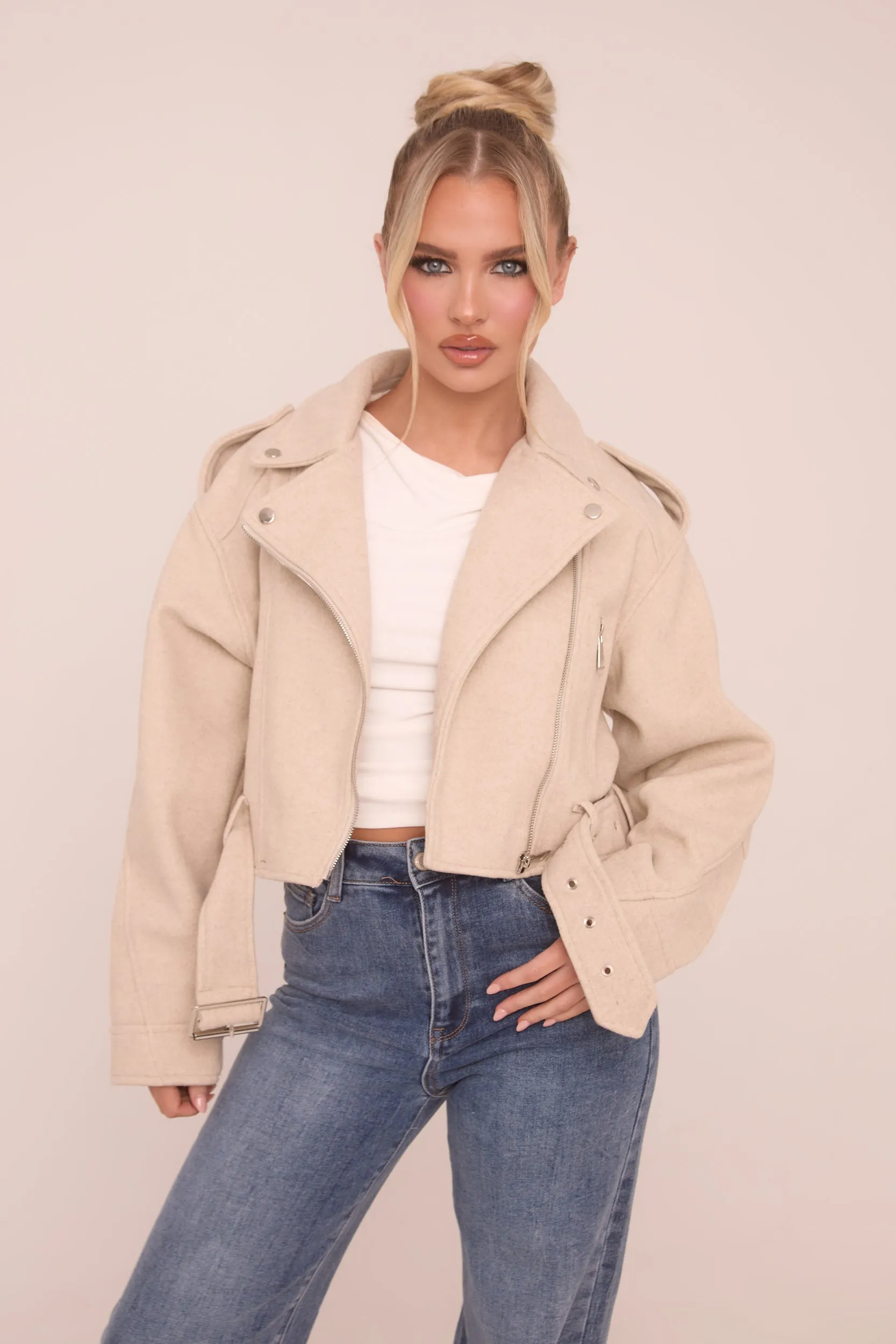 Beige Zip Detail Brushed Biker Jacket - Alisha