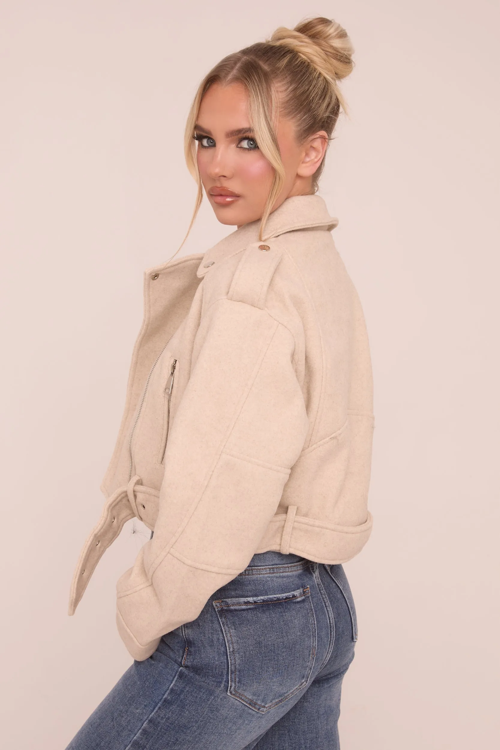 Beige Zip Detail Brushed Biker Jacket - Alisha