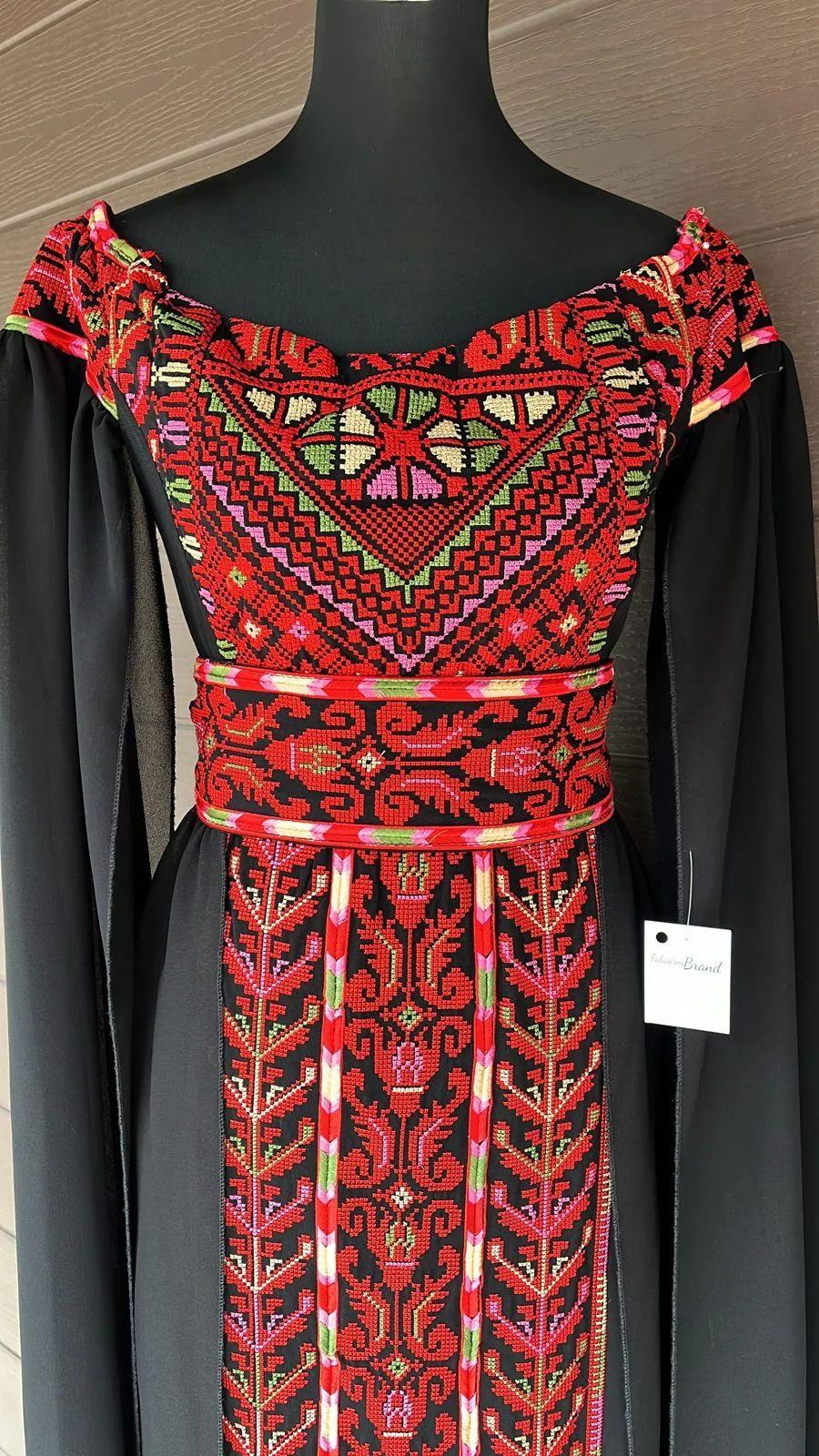 Black and Red Off-Shoulder Sleevles Palestinian Embroidered  Dress