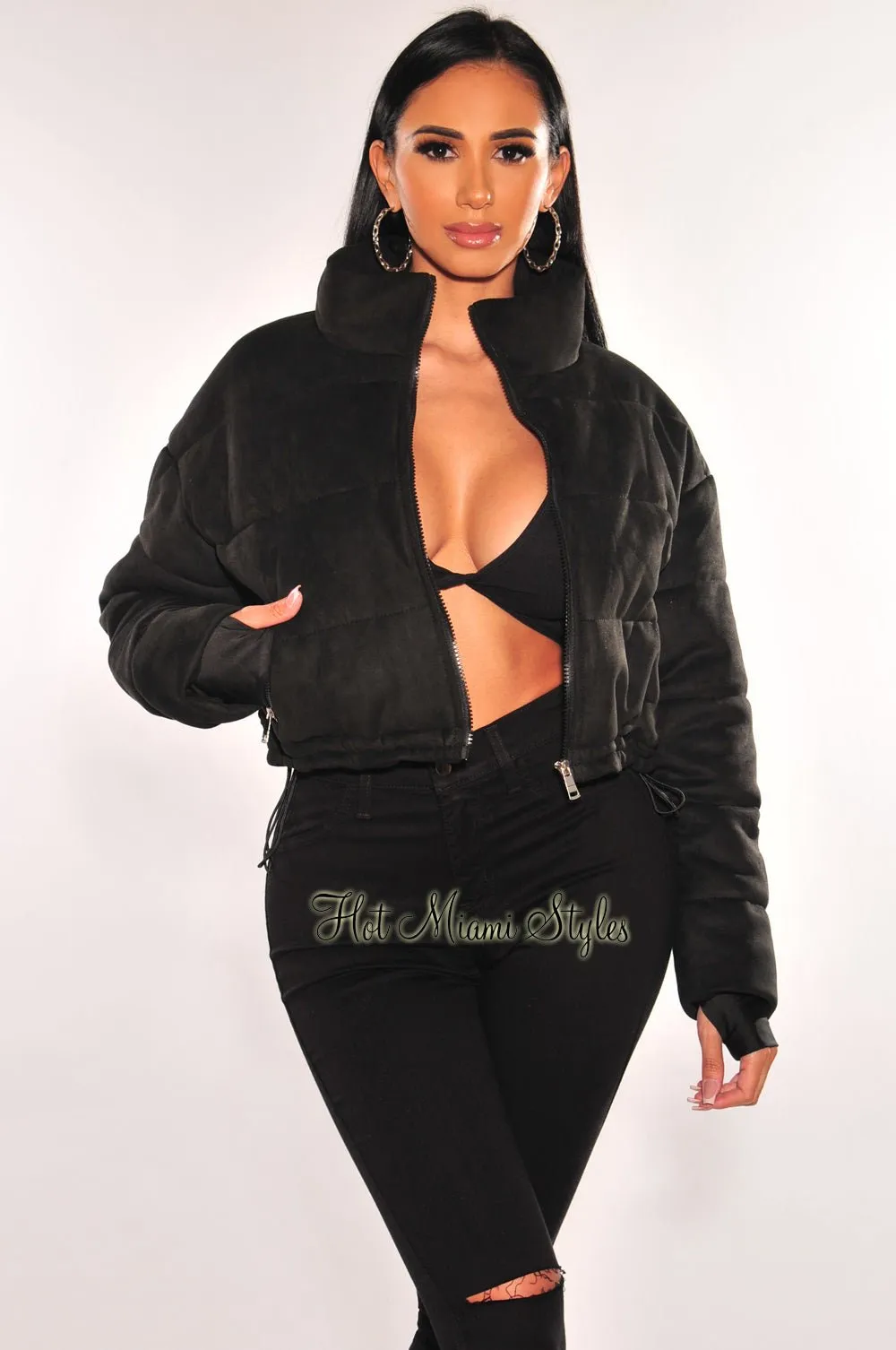 Black Puffer Collared Zipper Long Sleeve Cropped Jacket