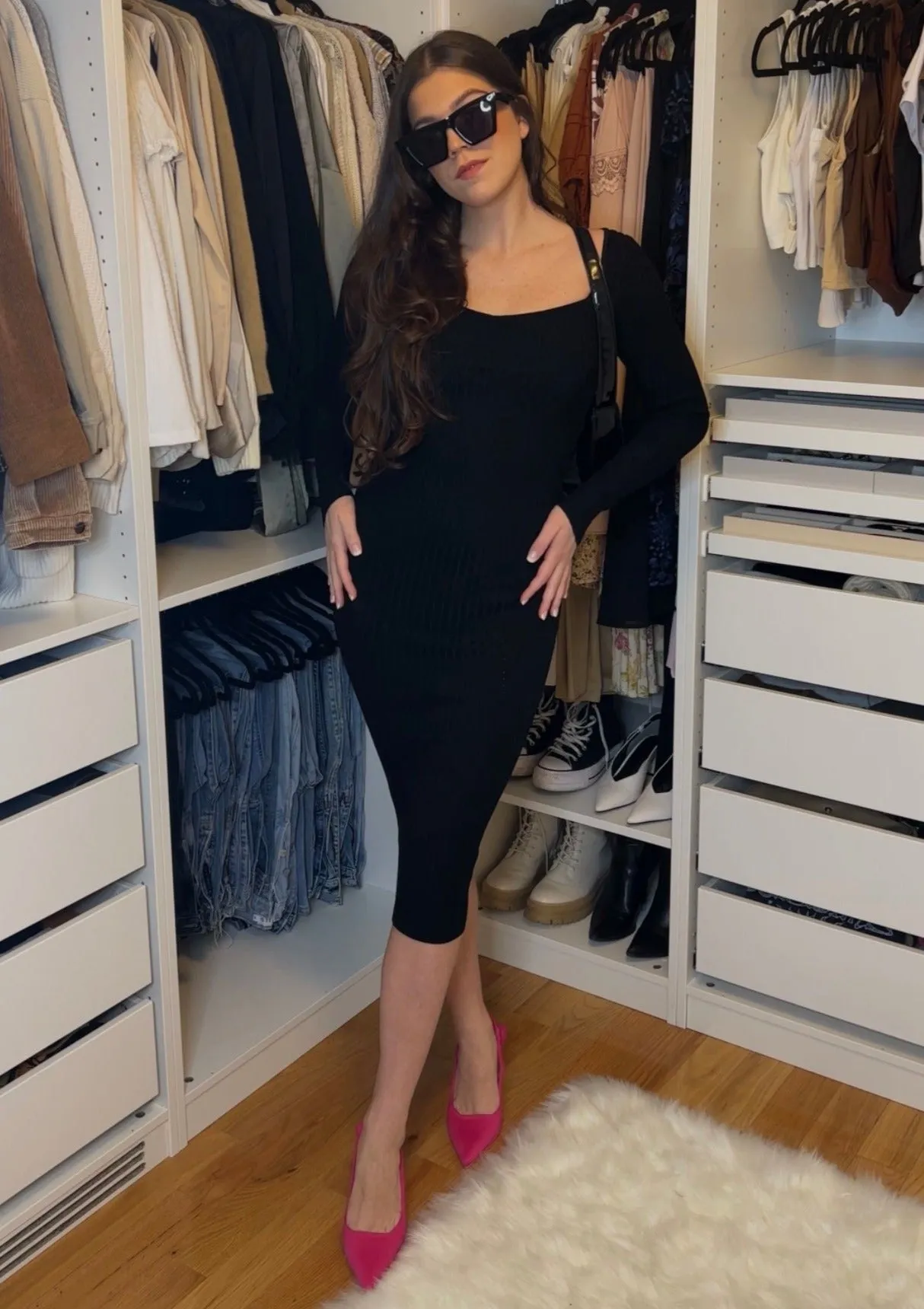 Black Square Neck Ribbed Bodycon Midi Sweater Dress