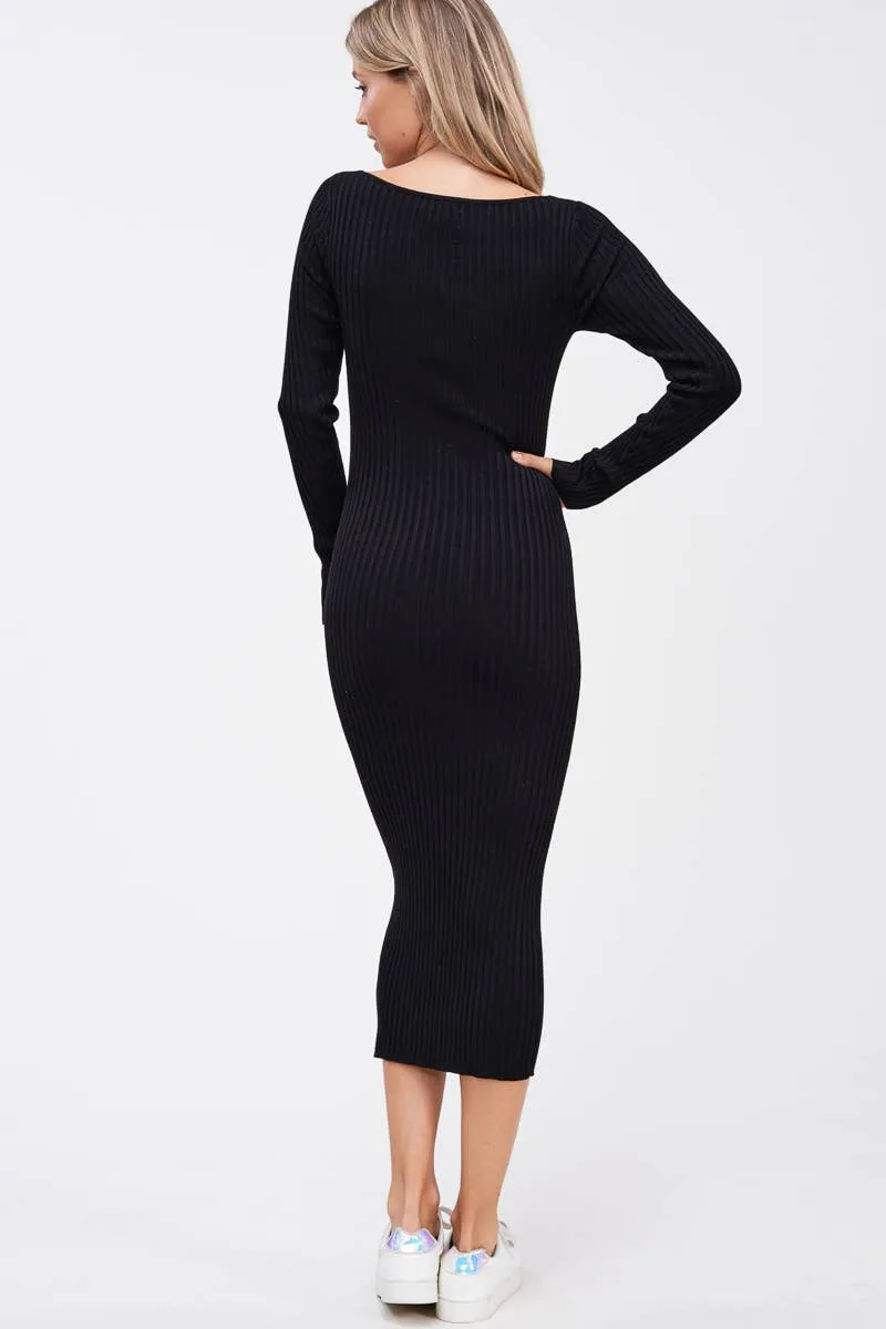 Black Square Neck Ribbed Bodycon Midi Sweater Dress