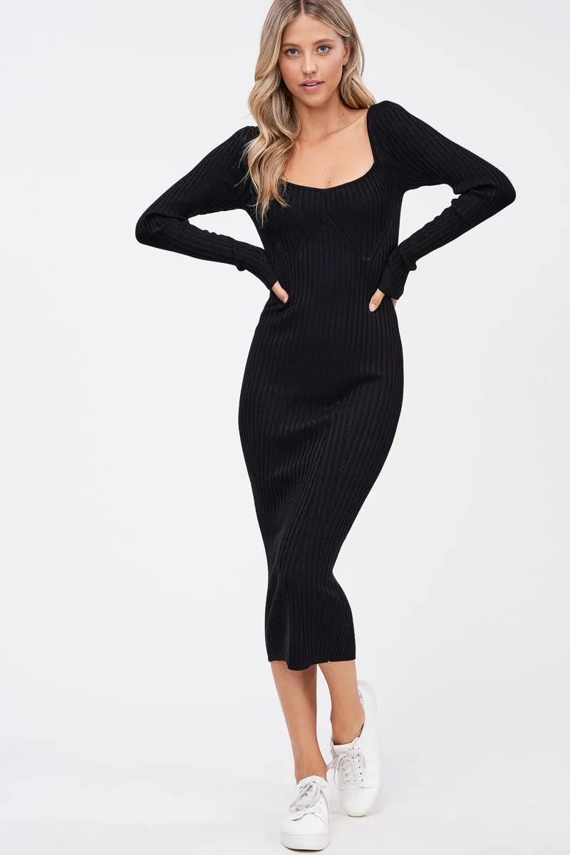 Black Square Neck Ribbed Bodycon Midi Sweater Dress