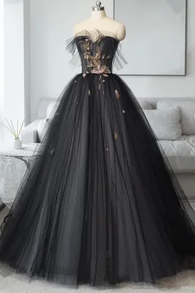 Black Tulle Long Prom Dress, Black A-Line Strapless Evening Dress