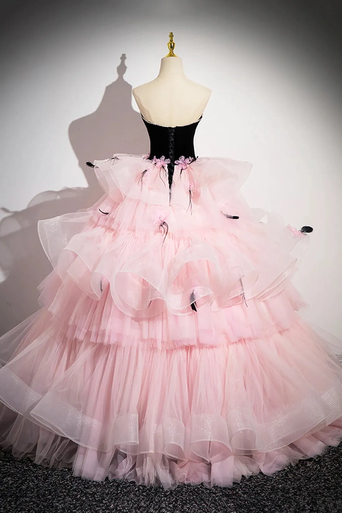 Black Velvet and Pink Tulle Long Prom Gown, Beautiful A-Line Formal Party Gown