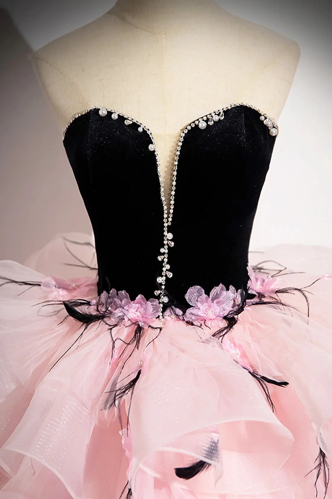 Black Velvet and Pink Tulle Long Prom Gown, Beautiful A-Line Formal Party Gown