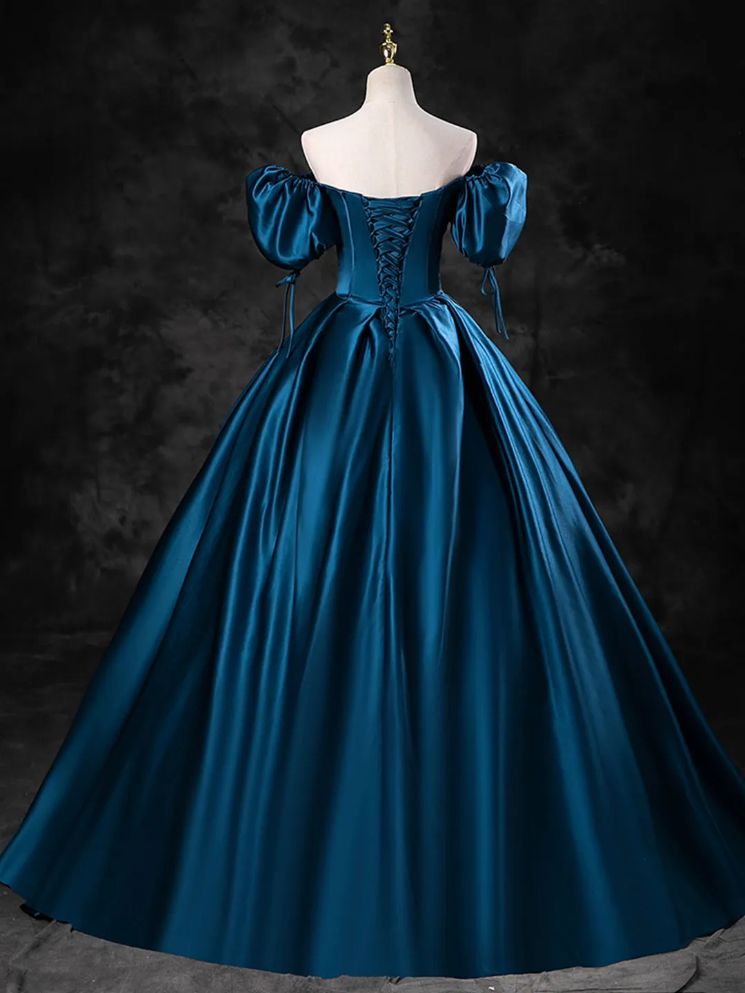 Blue Satin Off the Shoulder Floor Length Prom Dress, Blue A-Line Party Dress