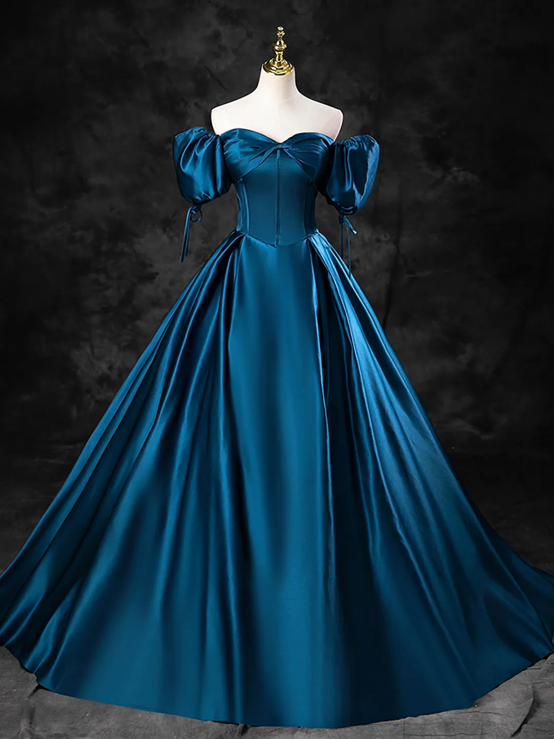 Blue Satin Off the Shoulder Floor Length Prom Dress, Blue A-Line Party Dress