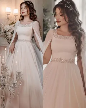 Boho Square Neck Wedding Dress with Sparkling Stone Crystals Cape Features Chiffon Sleeves Formal Event Gown       fg3941