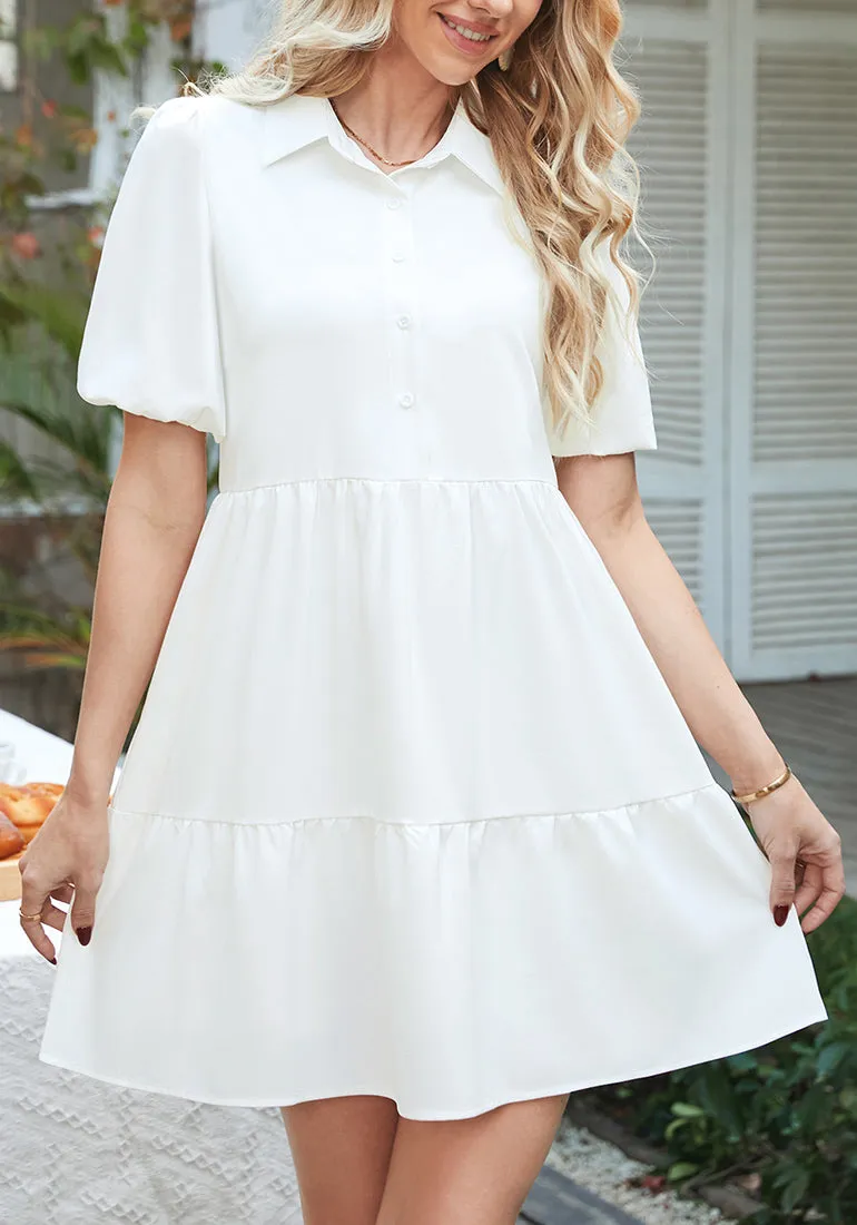 Brilliant White Flowy Dresses for Women Babydoll Shirt Dress Business Casual Work Modest Puff Sleeve Short Dress