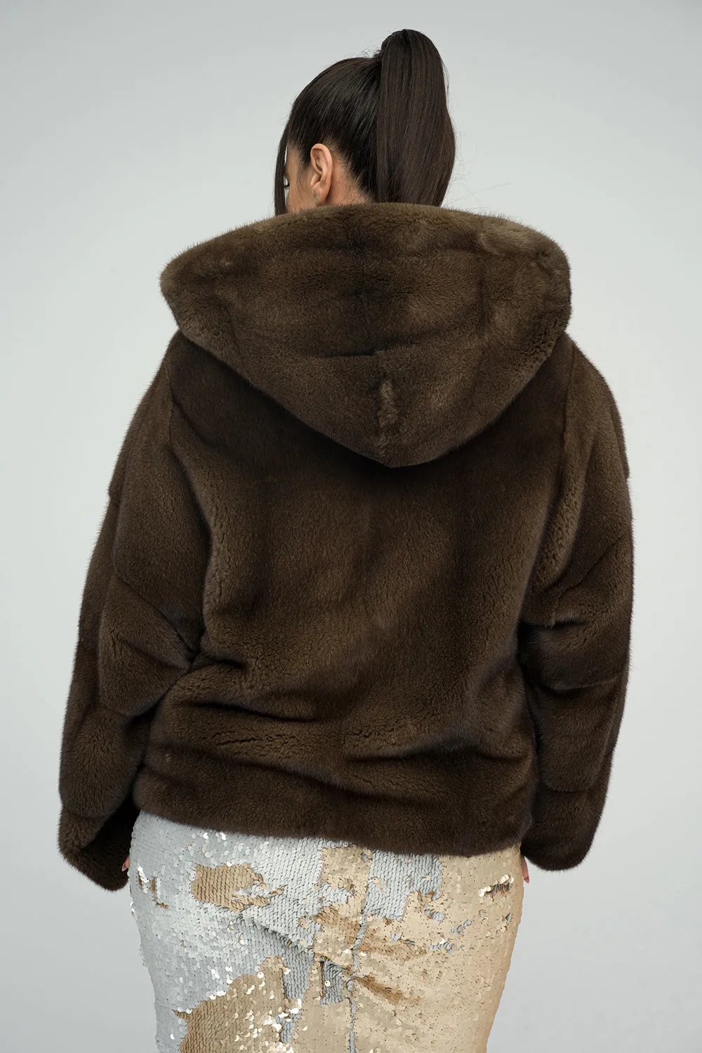 Brown Fluffy Hooded Mink Fur Coat