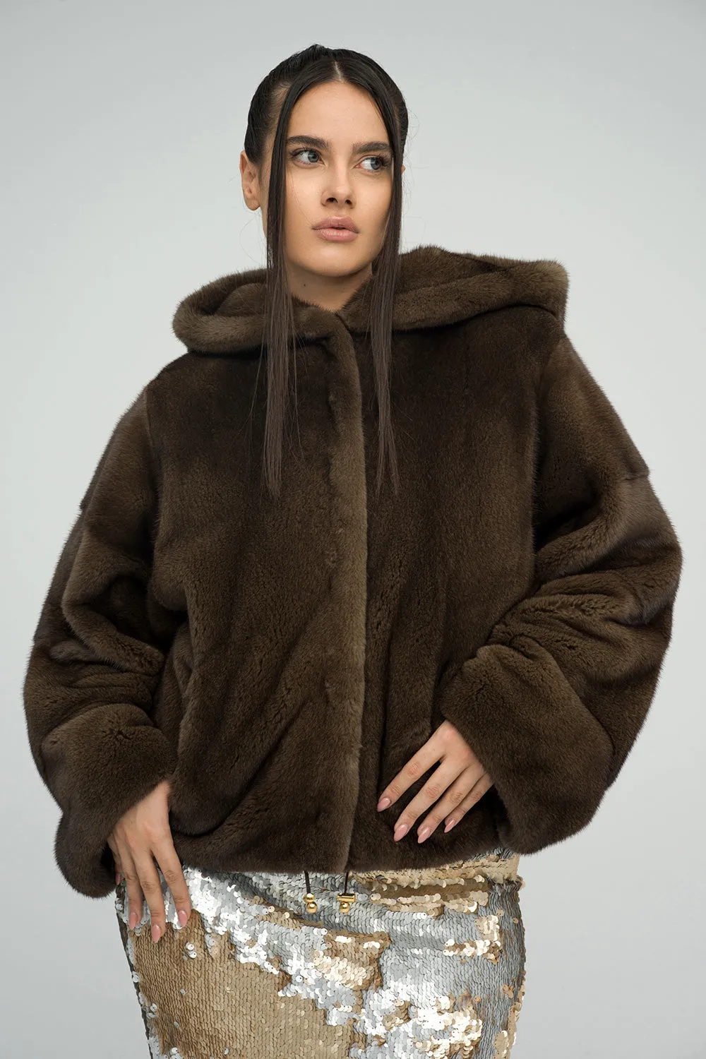 Brown Fluffy Hooded Mink Fur Coat