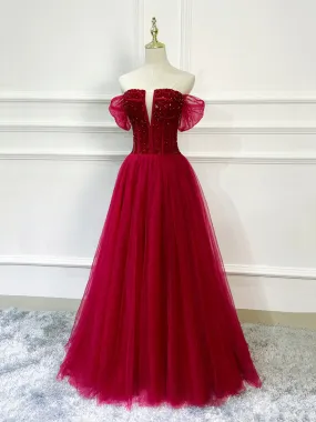 Burgundy Tulle Beaded Long Formal Dress, Off Shoulder Evening Party Dress