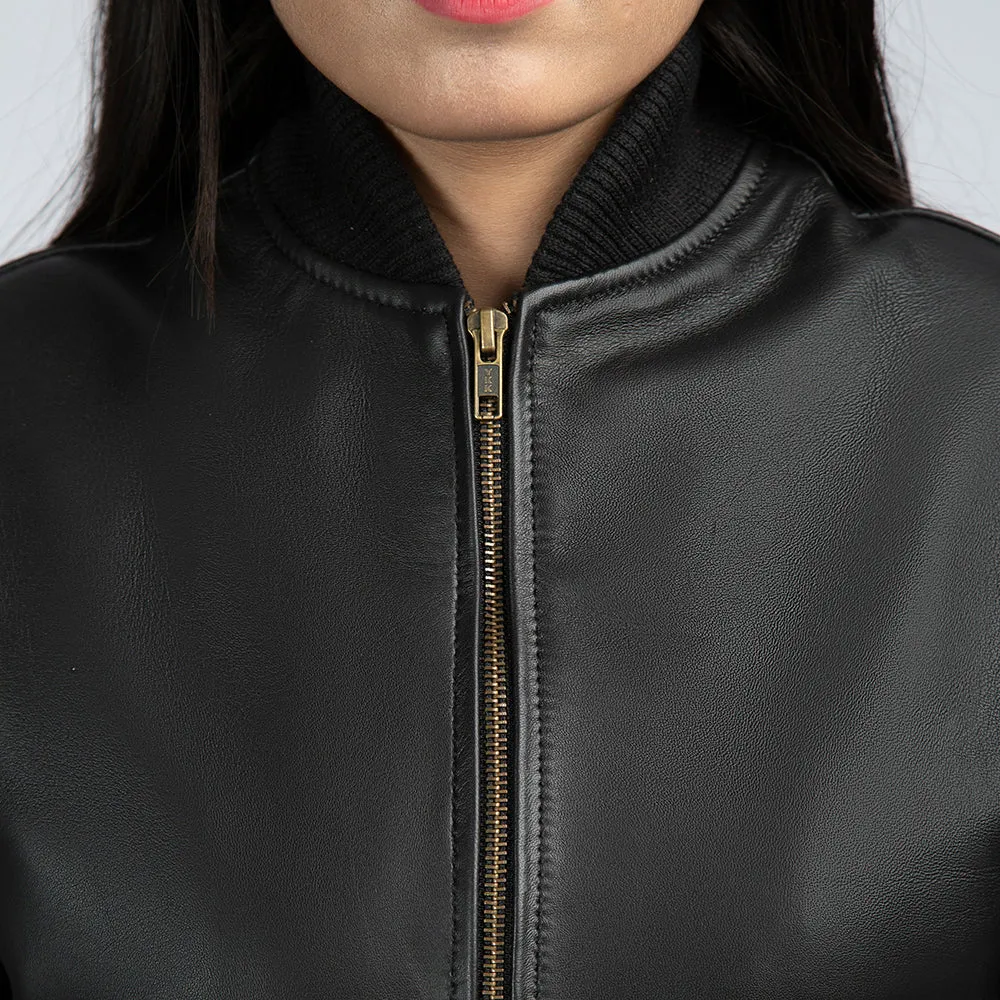 Casual Black Leather Bomber Womens Jacket