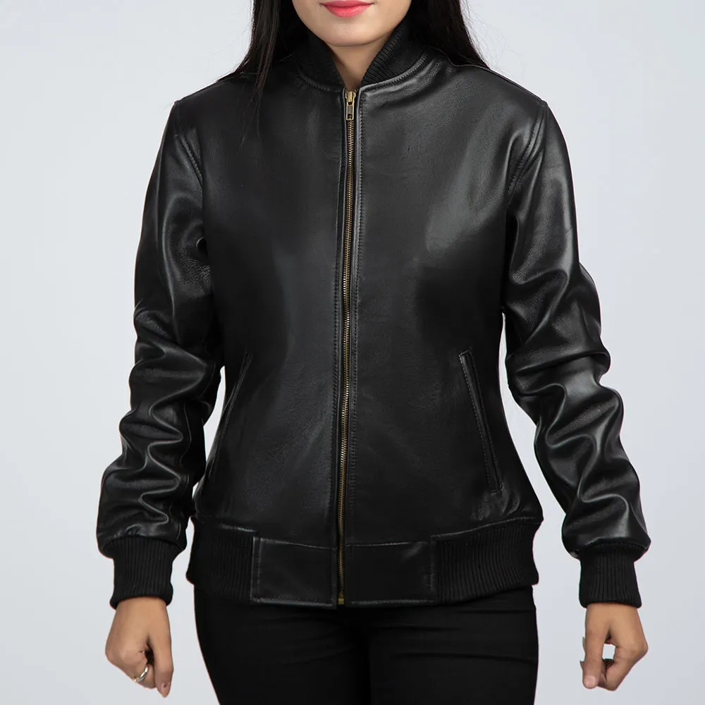 Casual Black Leather Bomber Womens Jacket