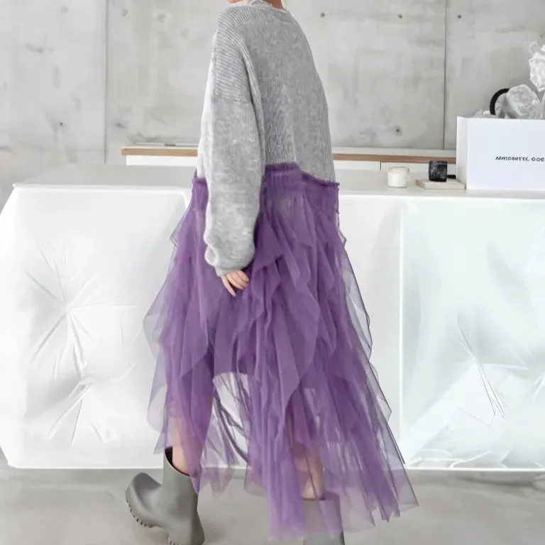 Chunky Oversized Gray Cardigan with Chic Purple Tulle Overlay – Gothic-Inspired Design