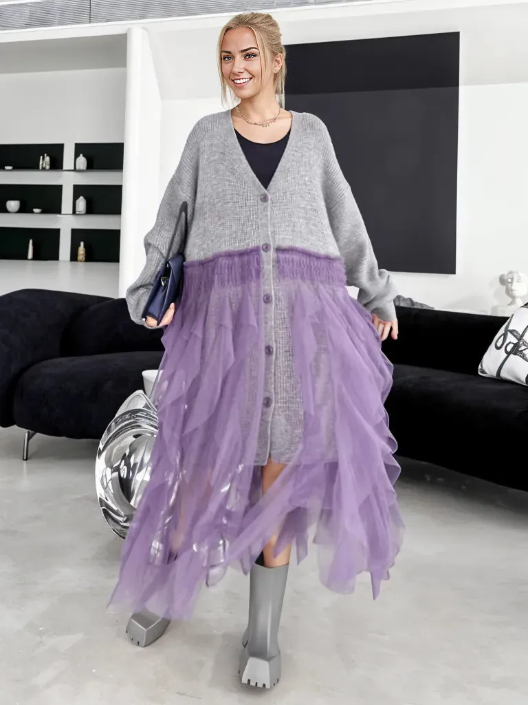 Chunky Oversized Gray Cardigan with Chic Purple Tulle Overlay – Gothic-Inspired Design