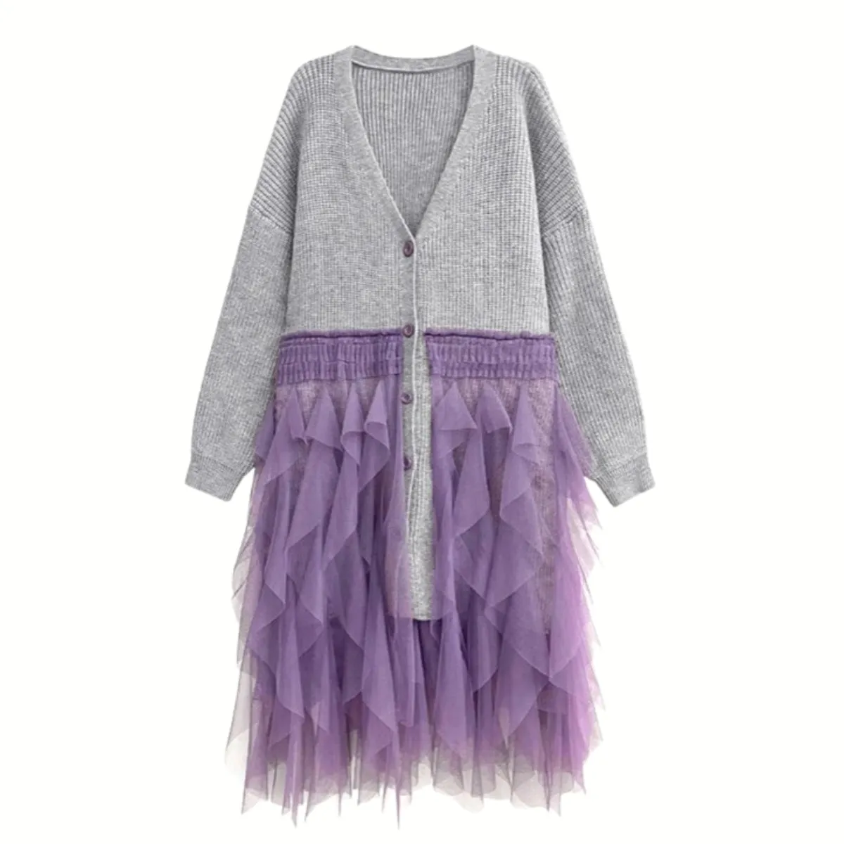 Chunky Oversized Gray Cardigan with Chic Purple Tulle Overlay – Gothic-Inspired Design