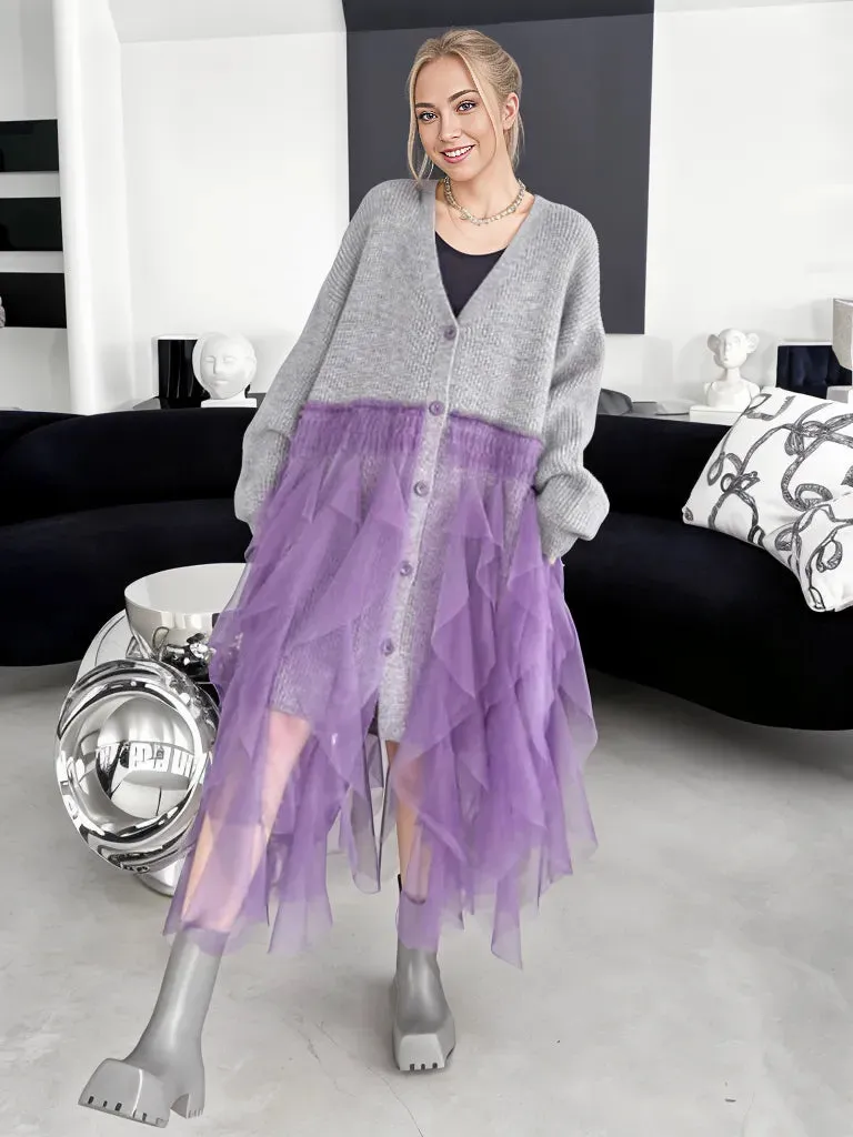 Chunky Oversized Gray Cardigan with Chic Purple Tulle Overlay – Gothic-Inspired Design