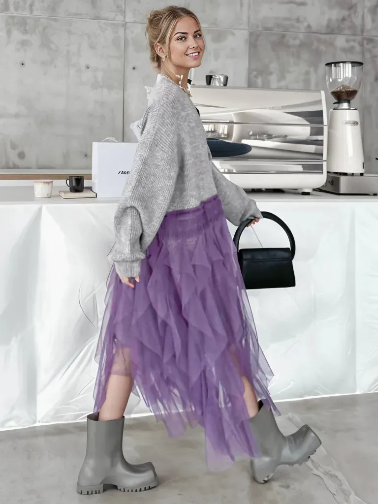 Chunky Oversized Gray Cardigan with Chic Purple Tulle Overlay – Gothic-Inspired Design