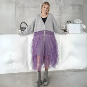 Chunky Oversized Gray Cardigan with Chic Purple Tulle Overlay – Gothic-Inspired Design