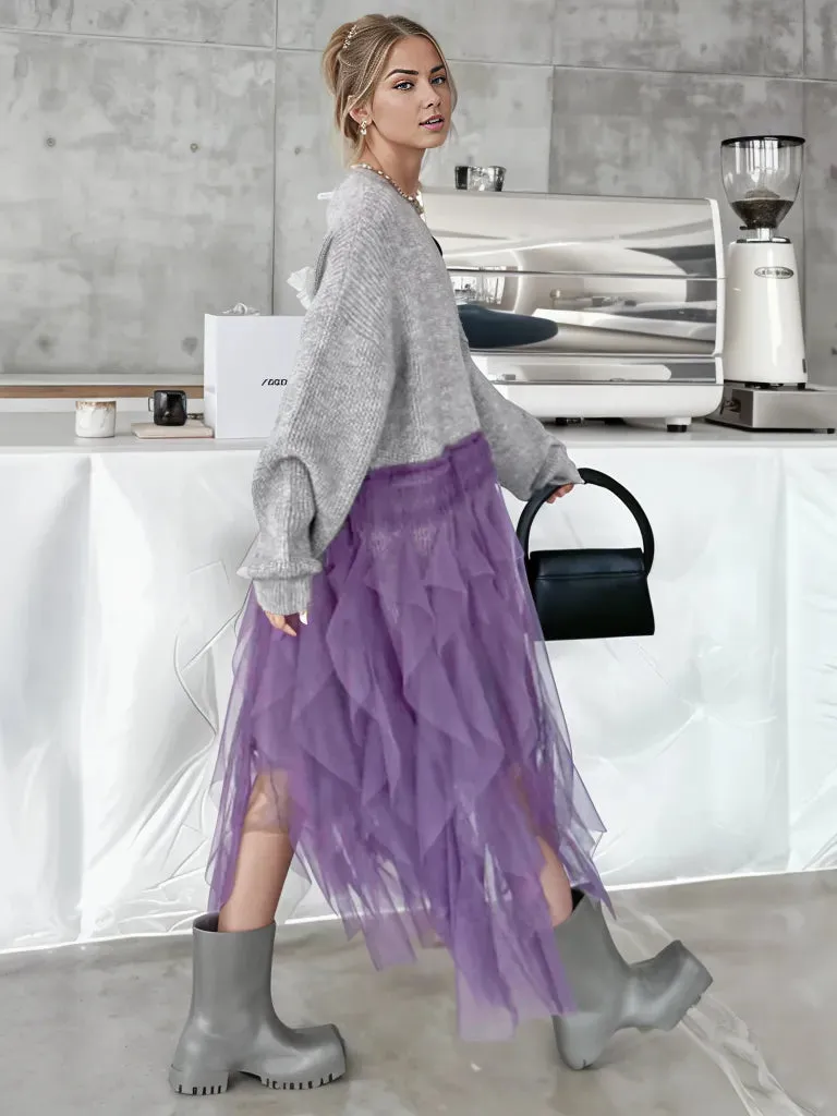 Chunky Oversized Gray Cardigan with Chic Purple Tulle Overlay – Gothic-Inspired Design