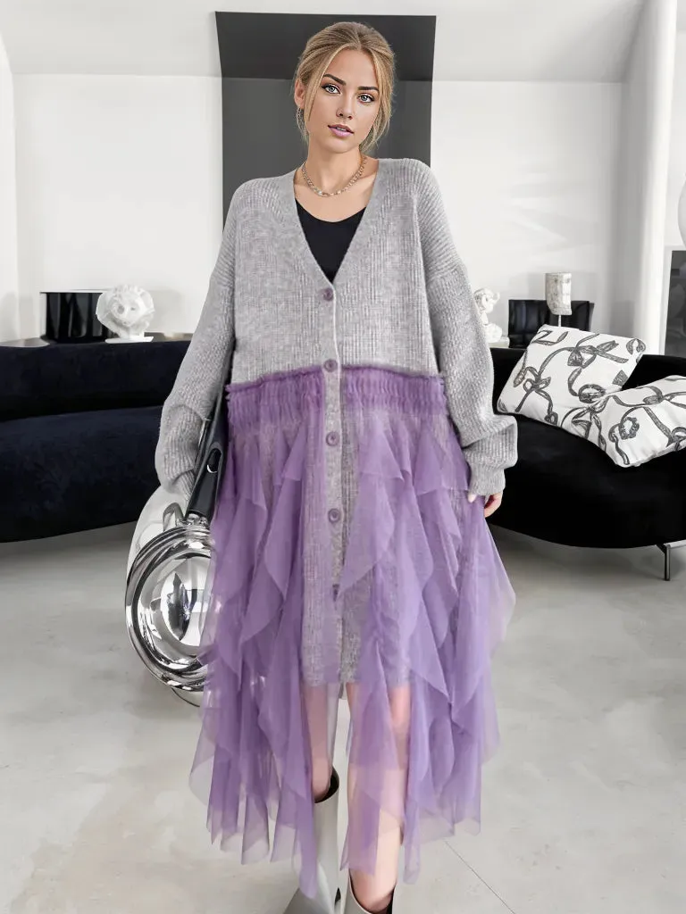 Chunky Oversized Gray Cardigan with Chic Purple Tulle Overlay – Gothic-Inspired Design