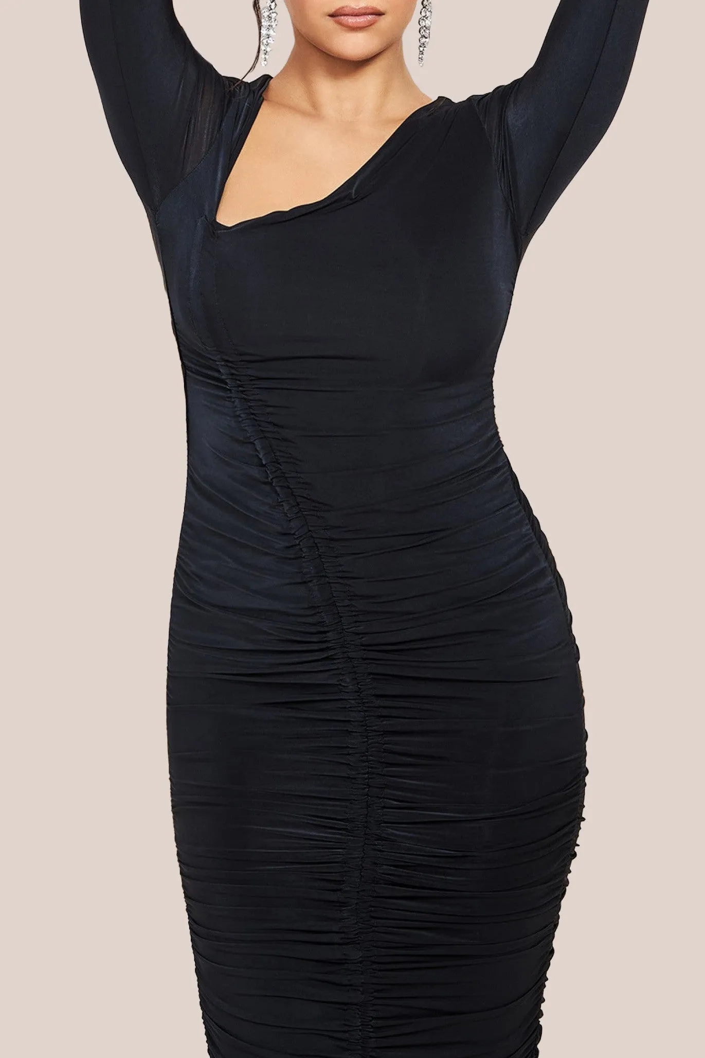 City Goddess Asymmetrical Neck Ruched Midi Dress - Black