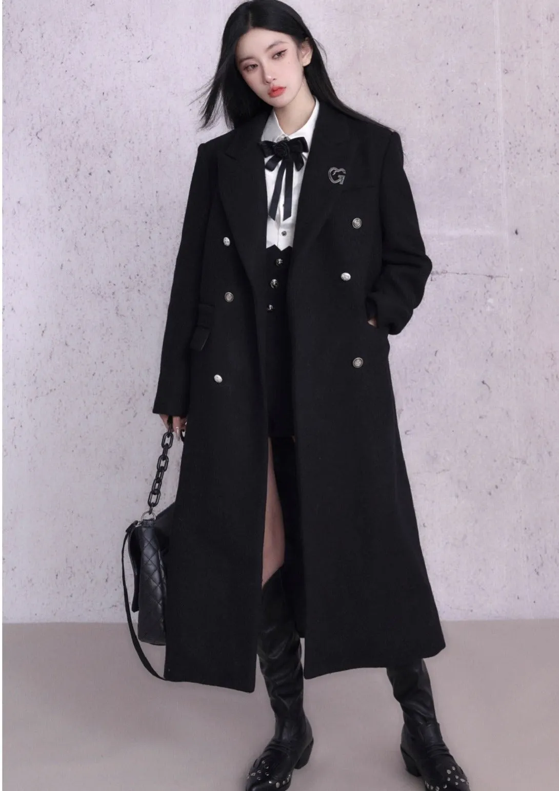 Classic Black Double-Breasted Longline Wool Coat with Silver Buttons