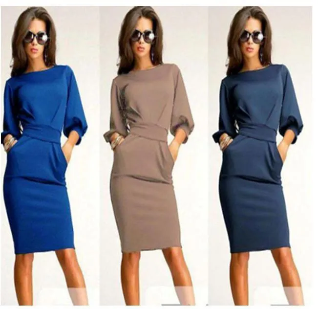 Clearance Unique Puff 3/4 Sleeves Bodycon Knee-length Casual Dress