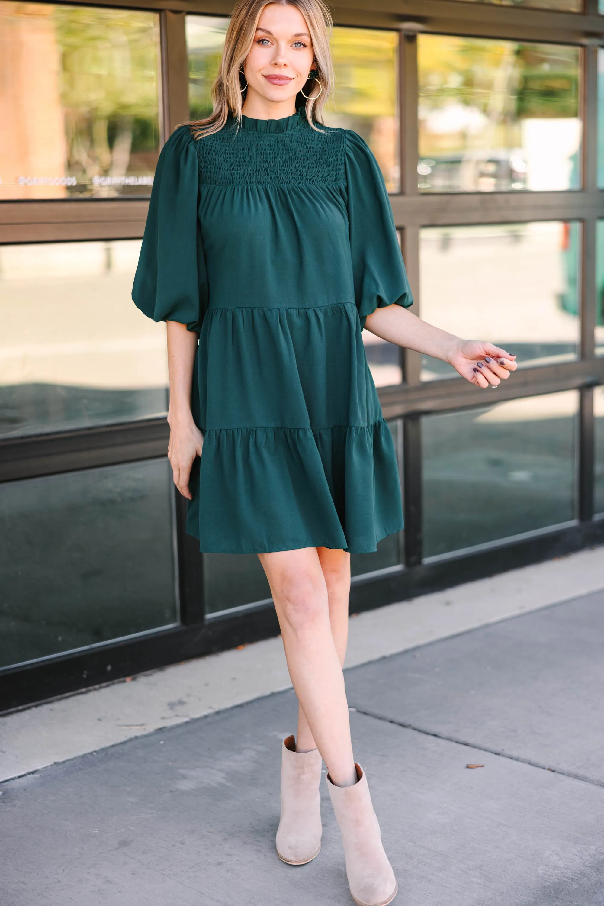 Coming Home Hunter Green Babydoll Dress