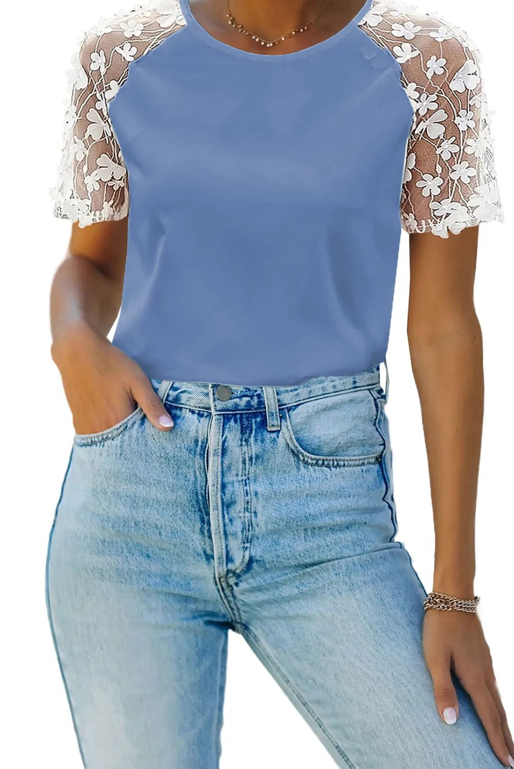 Crew Neck Applique Splicing Transparent Sleeve Top