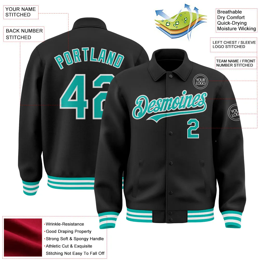 Custom Black Aqua-White Bomber Full-Snap Varsity Letterman Lapel Collar Byron Jacket