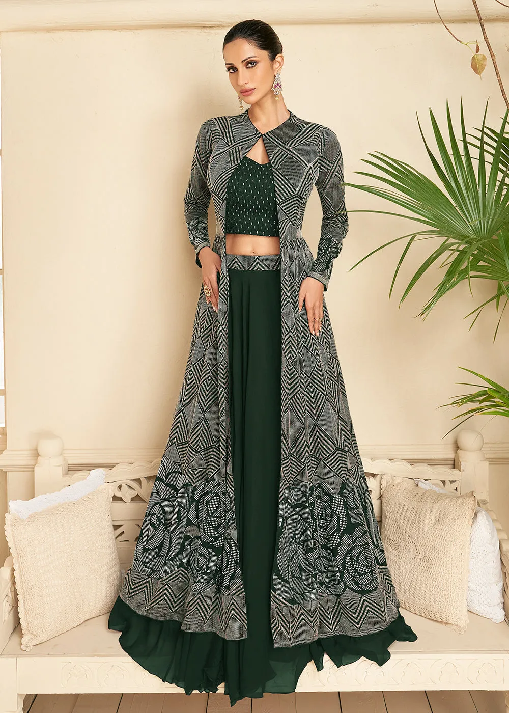 Dark Green Jacket Style Wedding Party Lehenga Skirt Suit