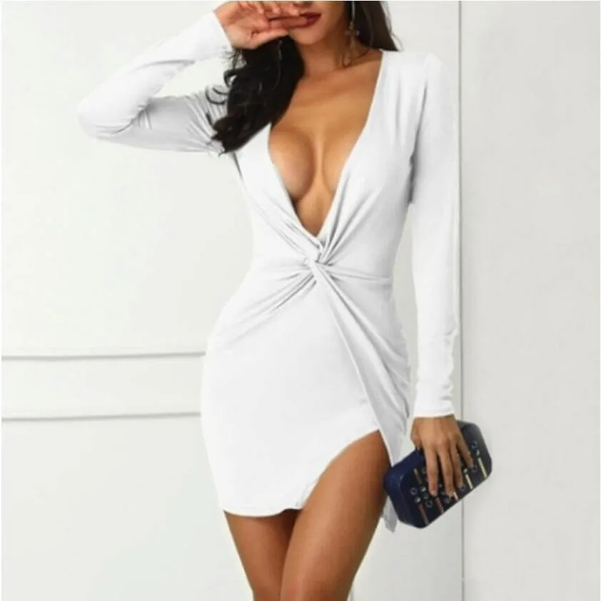 Deep V Neck Slit Bodycon Long Sleeve Dress