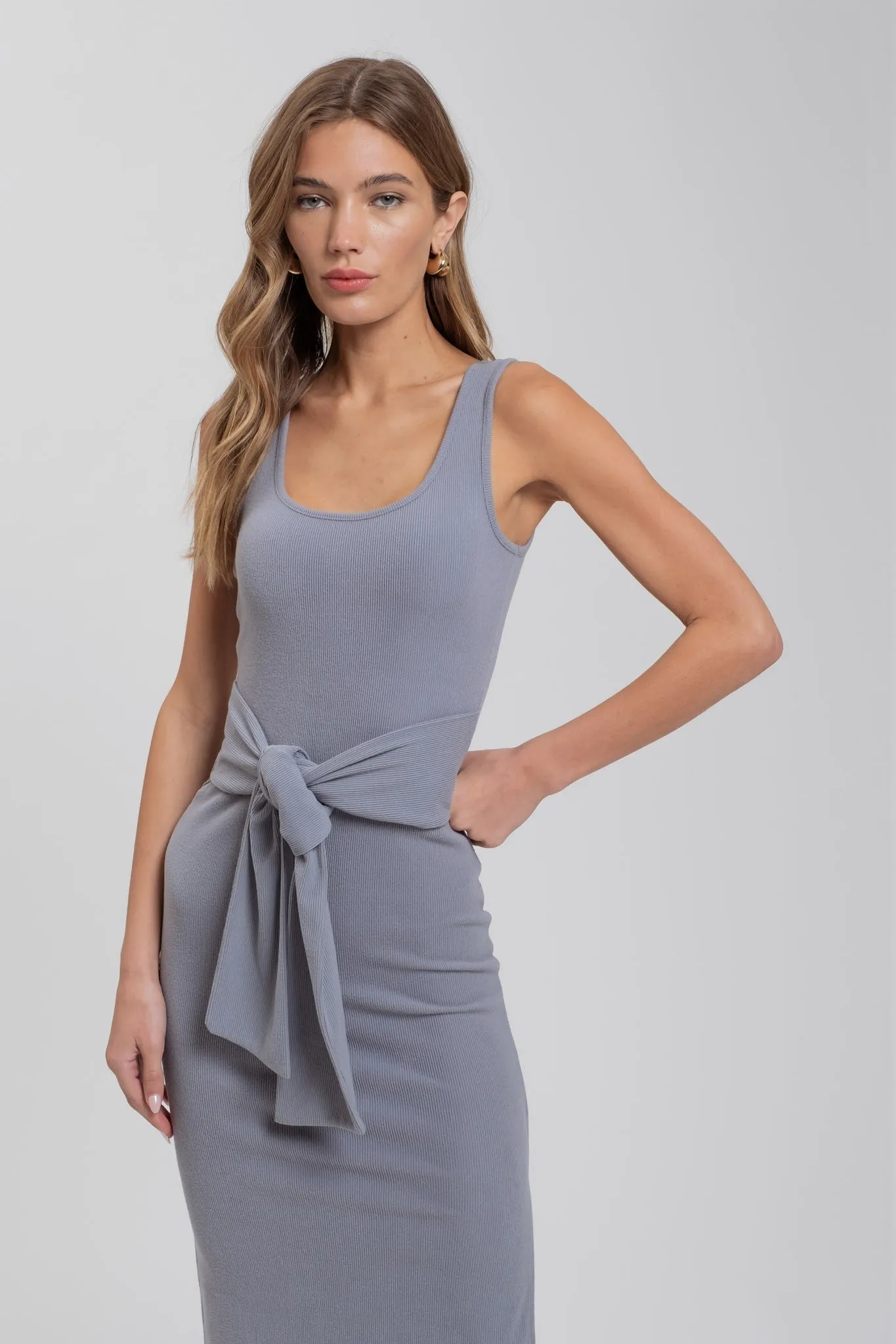 Denim Blue Front Tie Sweater Knit Tank Midi Dress