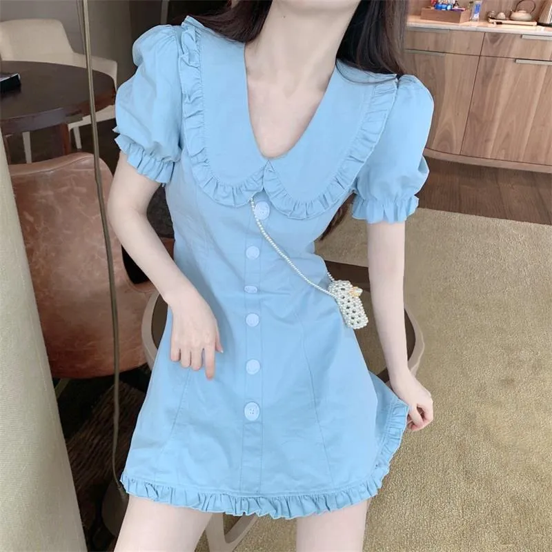 Doll Collar Ruffled Puff Sleeve Waist A-Line Dress