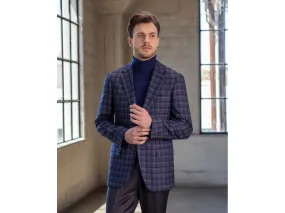 E Thomas, Italian Wool Fabric In Blue, Grey & Brown Check Sport Coat